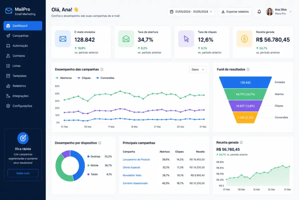 E-mail marketing afiliados taxa conversão dashboard