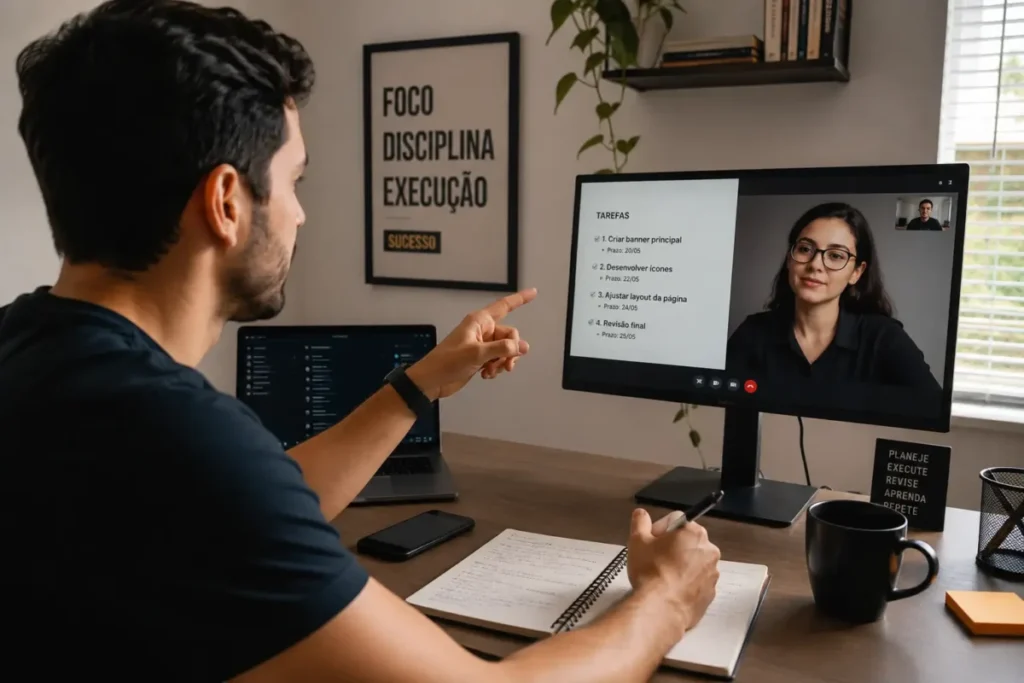 Empreendedor delegando tarefas freelancer negocio digital
