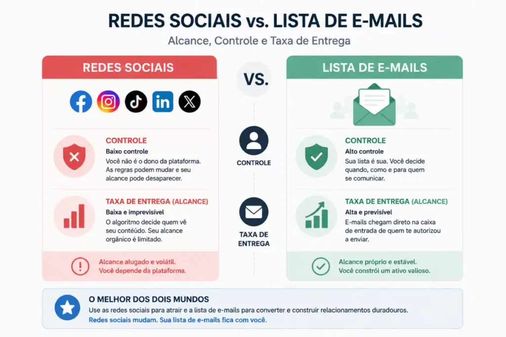 Lista de email vs redes sociais negocio digital comparativo
