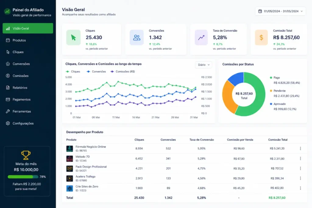 Métricas afiliados dashboard análise conversão comissão